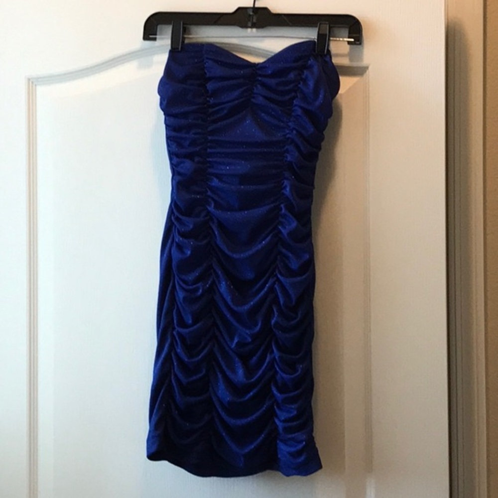 Royal blue glitter rouche strapless dress